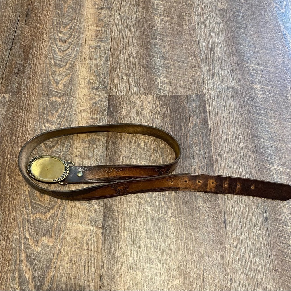 Vintage Brass Horse Branded Brown Leather Belt with Gold Buckle Sz Large to XL